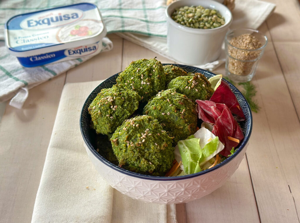 Falafel di piselli e spinacini con formaggio fresco spalmabile Exquisa Classico